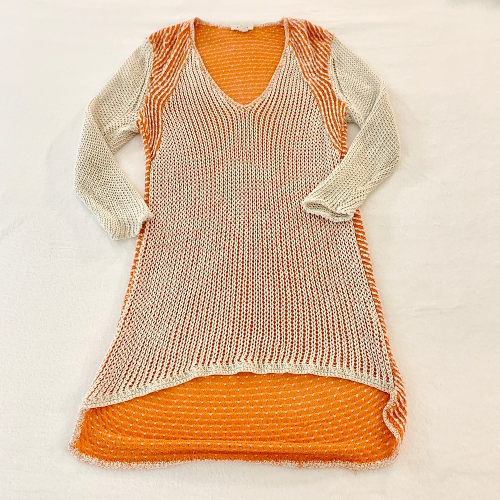 Helmut Lang Open Knit High Low Tunic Womens Size L Orange Linen Silk D02HW706